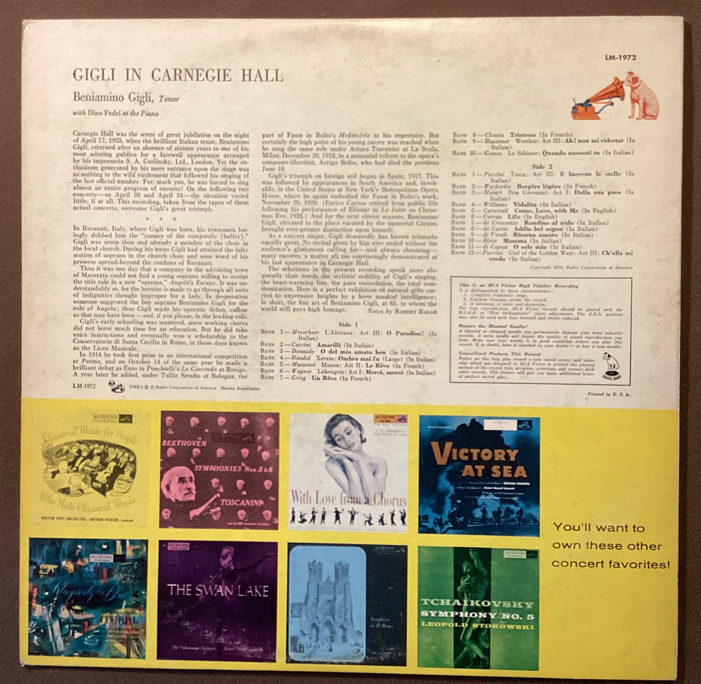 GIGLI, Beniamino - LP RCA Vic LM-1972: Gigli in Carnegie Hall; E/V+
