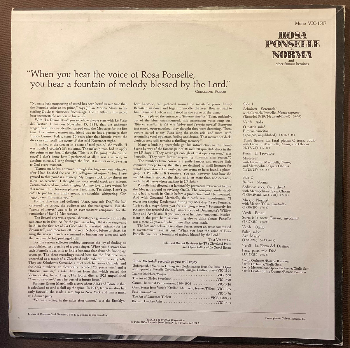 PONSELLE, Rosa - LP RCA VIC-1507: Rosa Ponselle as Norma; E/V