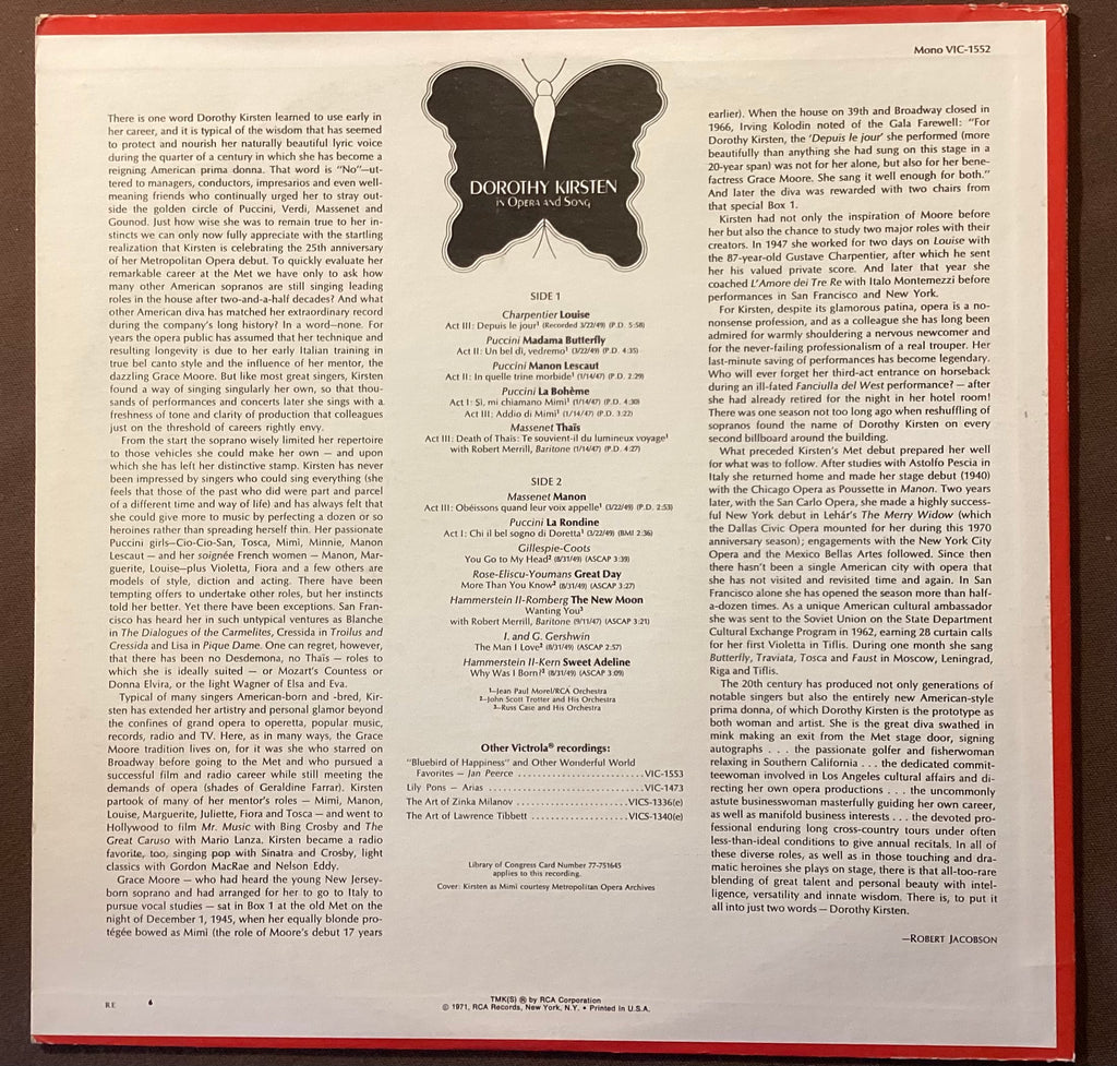 KIRSTEN, Dorothy - LP RCA VIC-1552: Dorothy Kirsten in Opera and Song; V+/E