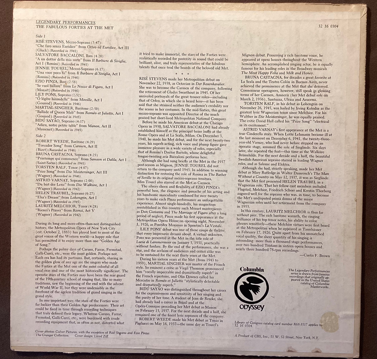 VARIOUS - LP Columbia Odyssey&nbsp;32 16 0304:The Fabulous Forties at the Met; V+/V