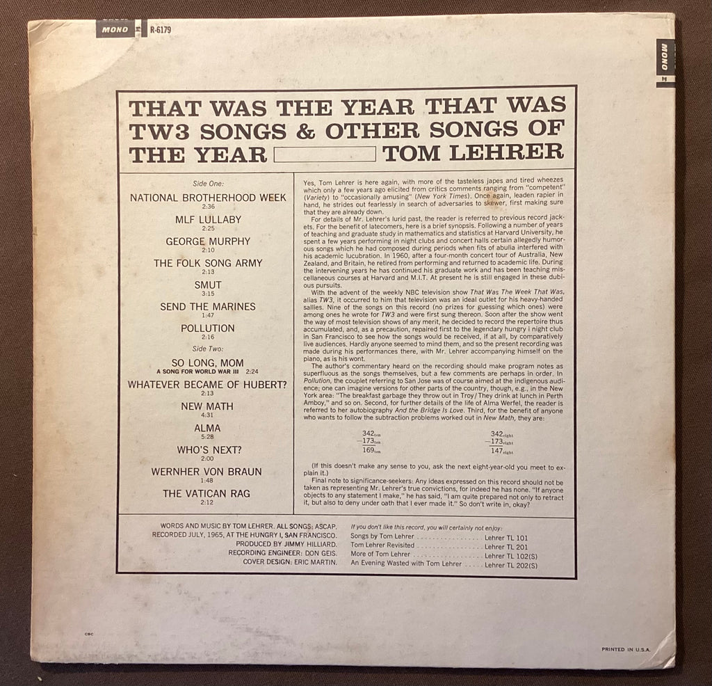 LEHRER, Tom - LP Reprise R-6179: That Was the Year That Was; V+/V