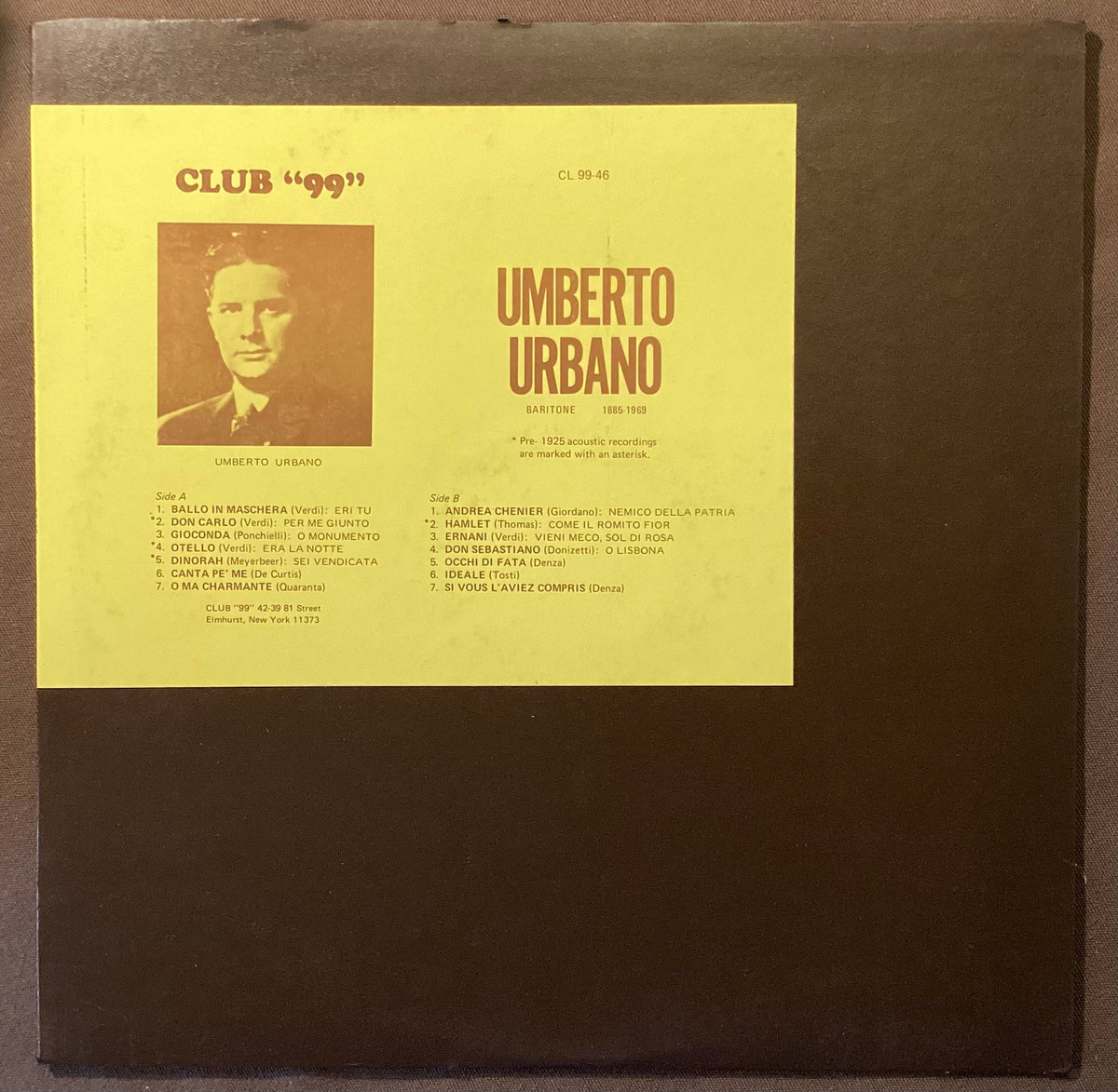 URBANO, Umberto - LP Club 99 CL 99-46: self-titled; V+/V+