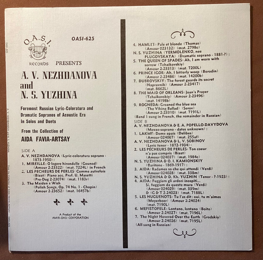 NEZHDANOVA, Anastasia, YUZHINA, Natalia - LP OASI-625: Solos and Duets; V+/V+