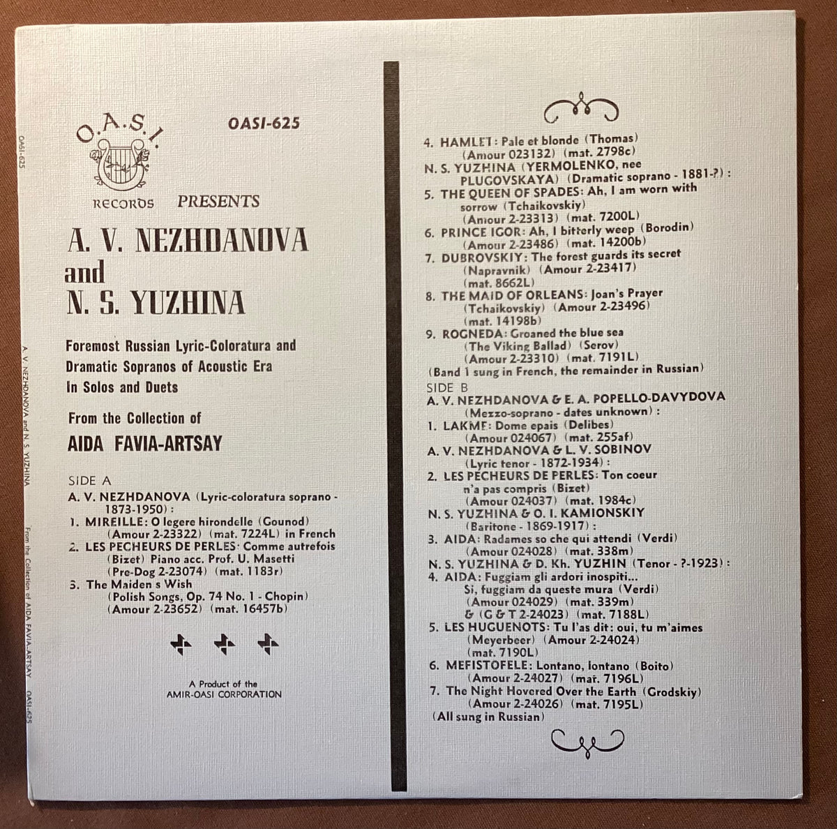 NEZHDANOVA, Anastasia, YUZHINA, Natalia - LP OASI-625: Solos and Duets; V+/V+