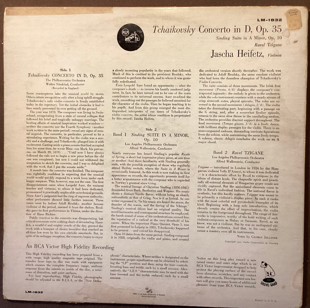 HEIFETZ, Jascha - LP RCA Vic LM-1832: TSCHAIKOWSKY Concerto, etc; V+/V