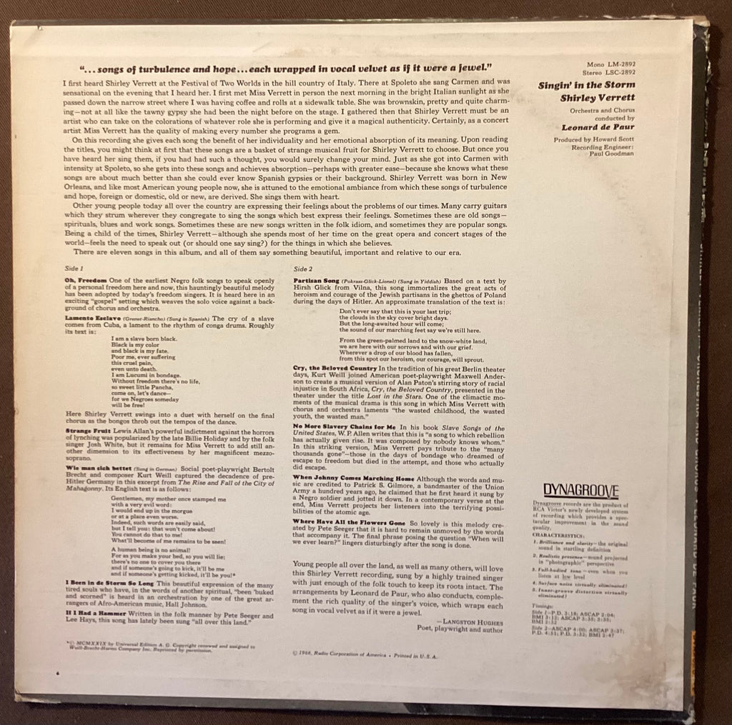 VERRETT, Shirley - LP RCA LSC-2892: Singin’ in the Storm; V+/V