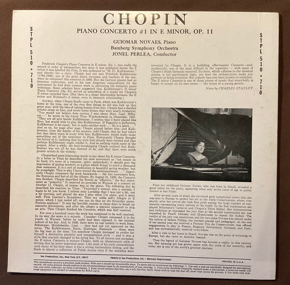 NOVAES, Guiomar - LP Vox STPL 510 710: CHOPIN Concerto No 1 in Em, Op 11; V+/V+